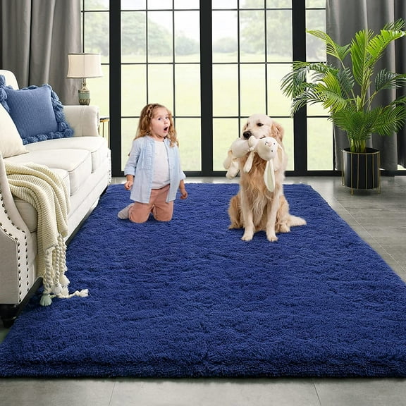 Dwelke Ultra Fluffy Rug Indoor Plush Soft Carpet for Living Room Anti-Skid Durable Area Rug 4x5.3ft Navy-blue
