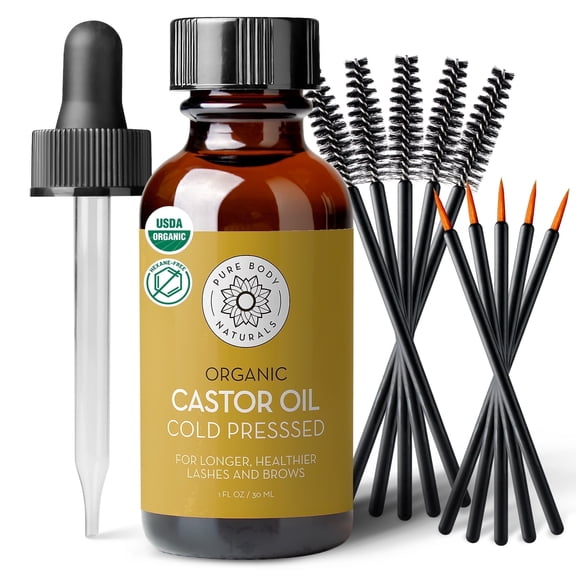 Castor Oil for Eyelashes and Eyebrows, Lash & Brow Oil Serum, 1 fl oz - Pure Body Naturals