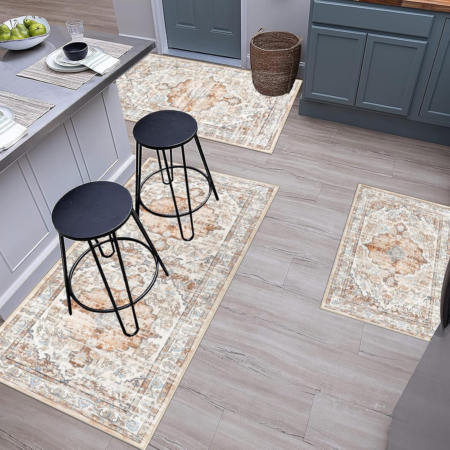 Kitchen Rugs Sets of 3 Boho Kitchen Floor Mat Carpets Non Skid Machine Washable Kitchen Runner Area Rugs for Kitchen Floor Hallway Living Room Laundry Entryway, Light Brown