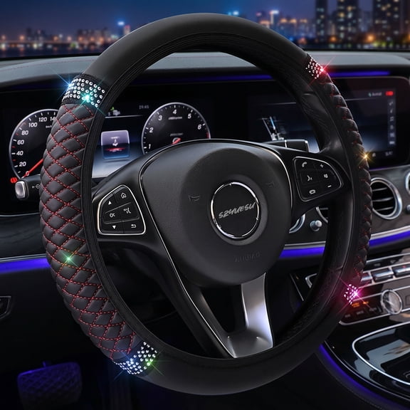 Universal Leather Steering Wheel Cover – Diamond-Studded Embroidered Design, Non-Slip & Heat Resistant, All-Season Comfort Fit for Most Cars (Black-Red)