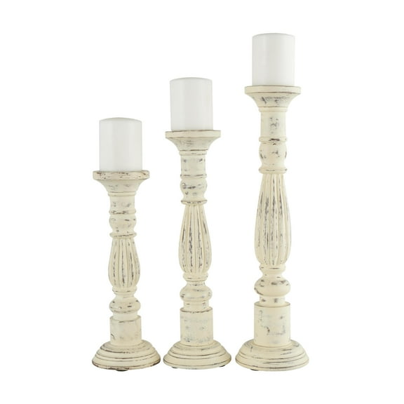 DecMode 3 Candle White Mango Wood Tall Distressed Turned Candle Holder, Set of 3