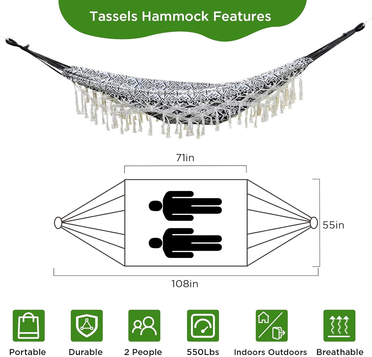 Bohemian Striped Tassel Double Hammock - 100% Cotton, Durable & Easy to Store