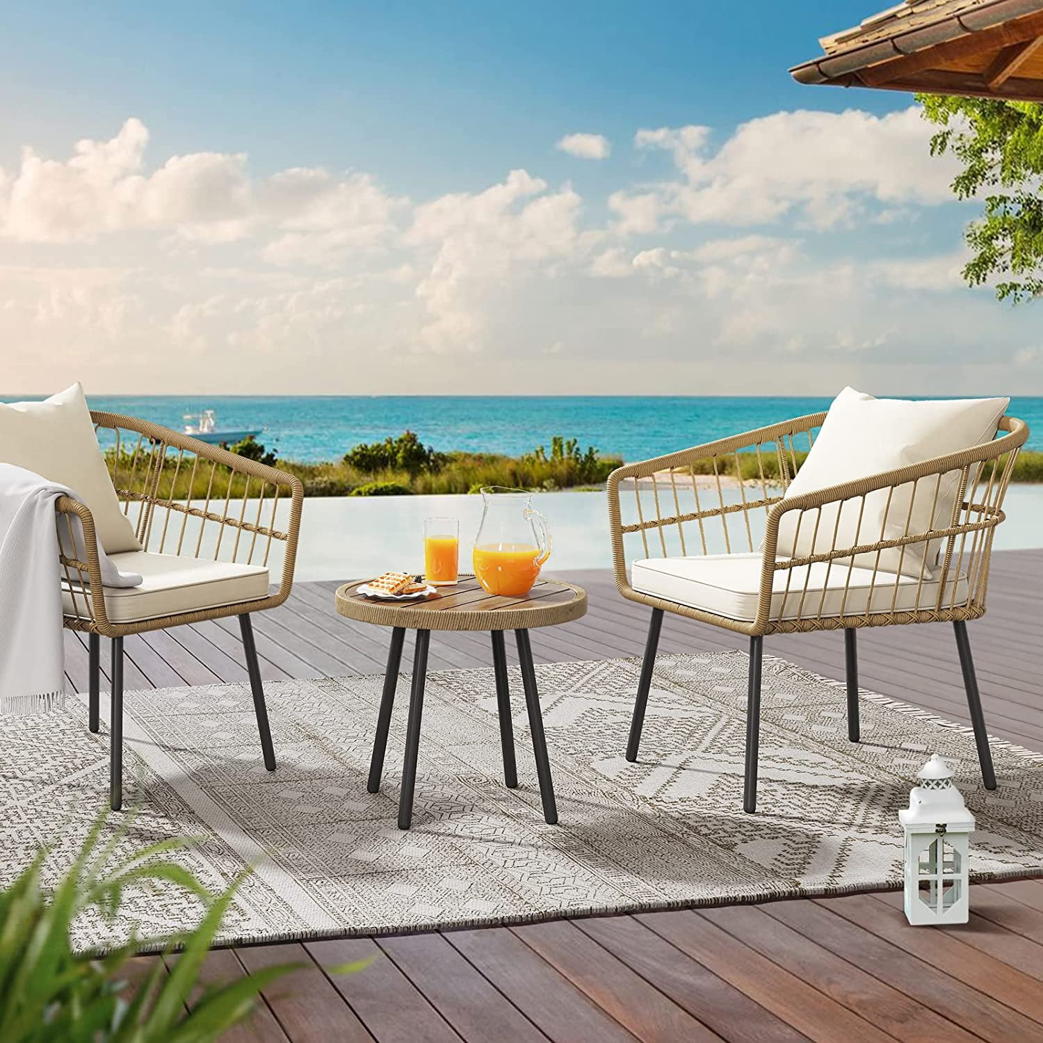DEXTRUS 3-Piece Outdoor Patio Furniture Wicker Bistro Set with Soft Cushions
