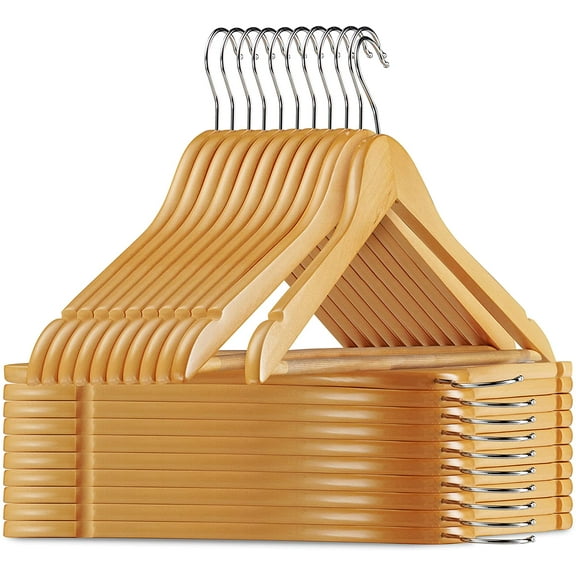 20 Pack Solid Wood Suit Hangers with Non Slip Bar and Precisely Cut Notches - 360 Degree Swivel Chrome Hook - Natural Finish Super Sturdy and Durable Wooden Hangers