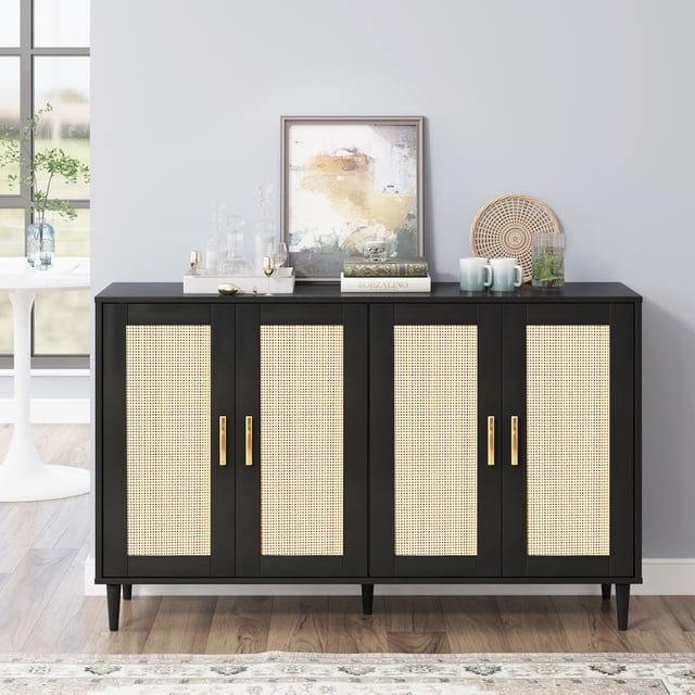 Buffet Storage Cabinet with Rattan Decorating Living Room Wood Kitchen Sideboard Accent Cabinet