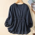 thumbnail image 2 of Womens Button Down Shirts 3/4 Length Sleeve Cotton Linen Summer Tops V Neck Loose Elastic Casual Babydoll Tees (2XL, Navy), 2 of 5