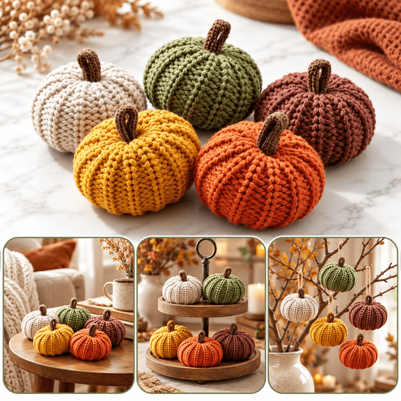 Knitted Pumpkins Decor Set of 5, Handmade Crochet Mini Pumpkins for Fall, Halloween, Thanksgiving, Rustic Farmhouse Table and Home Decorations, Assorted Colors