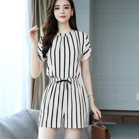 Shorts for Women TopLLC Womens Shorts 2pcs Fashion Women Short Sleeve Short pant Suit Striped Tops+Pants Set Women Suits