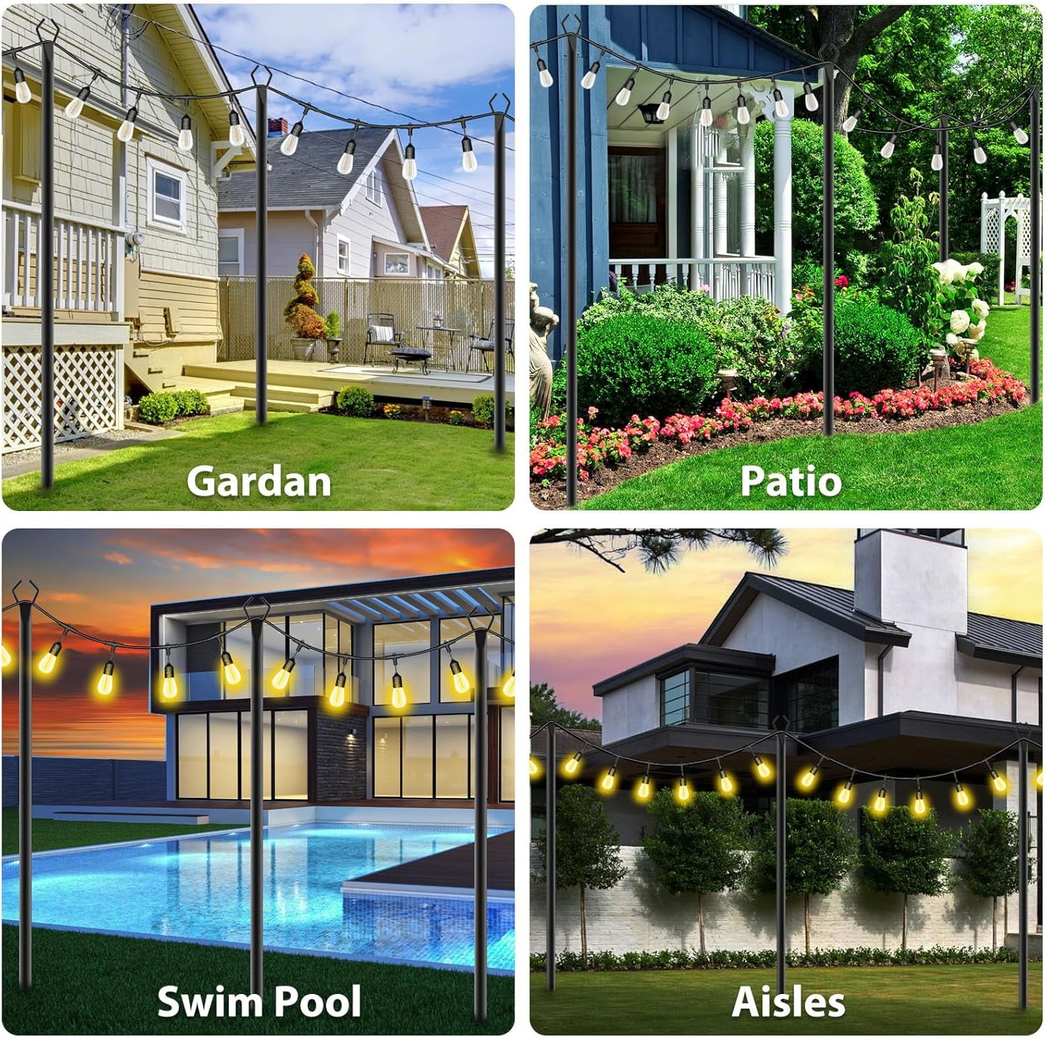 WIXOLBOR 10Ft String Light Poles 4 Pack,Light Poles for Outside Lights,Outdoor with Fence Brackets Hanging Lights,Metal Stand Deck Patio Backyard