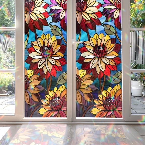 89Bloom 17.7 x39.4 Inches Decorative Dahlia Stained Glass Window Film, Window Film for Glass Door Heat Control Anti UV