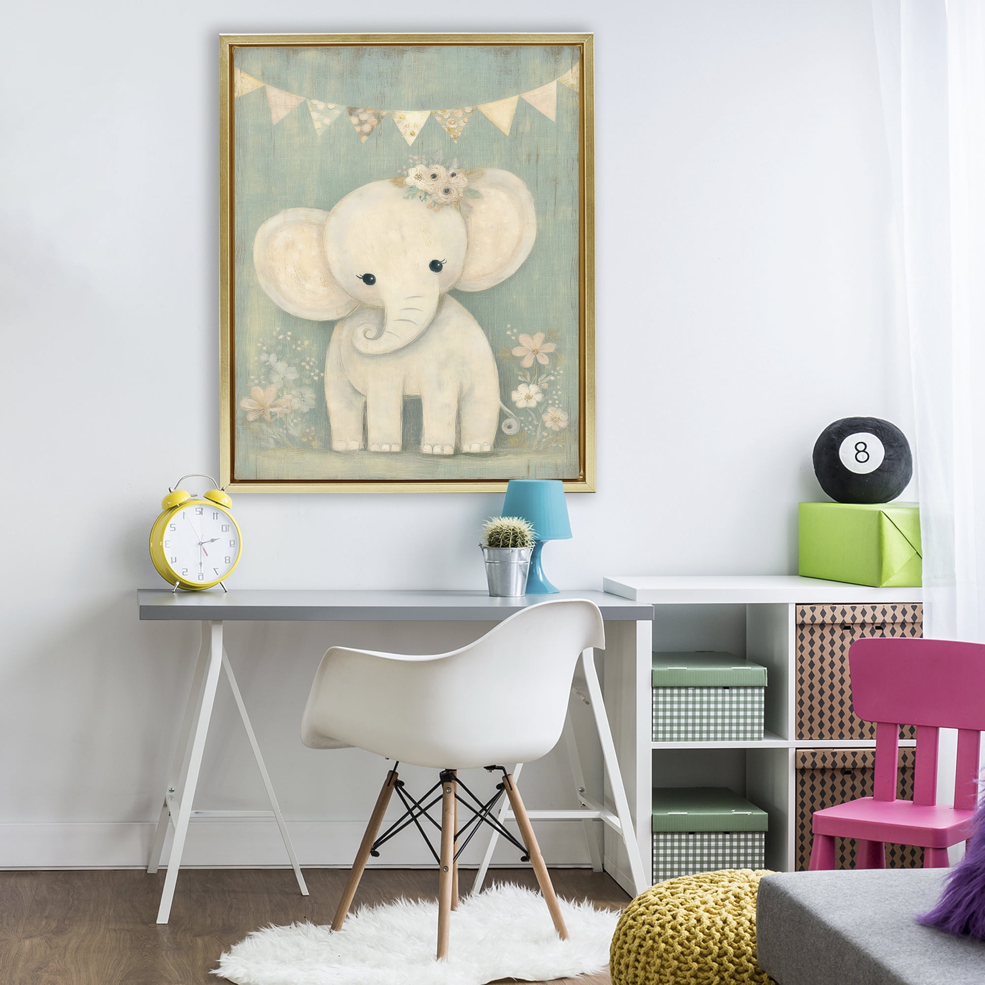 Stupell Industries Elephant with Overhead Banner Gold Framed Floater Canvas Wall Art, design by Ink Drop Loft