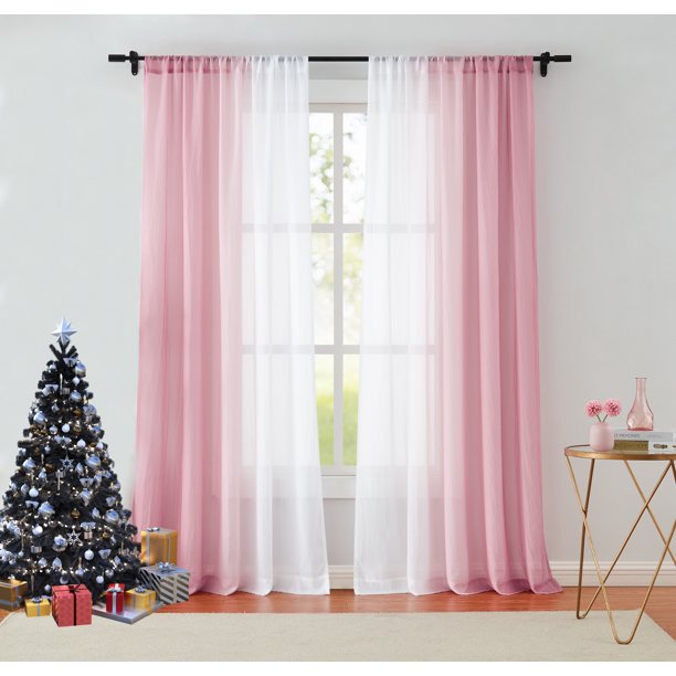 Junvictex Pink Ombre Chiffon Sheer Window Curtain Crinkle Voile Panels ...