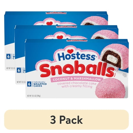 (3 pack) Hostess Snoballs Snack Cakes, Coconut & Marshmallow Covered Chocolate Cake, 10.5 oz Box (6 Count)