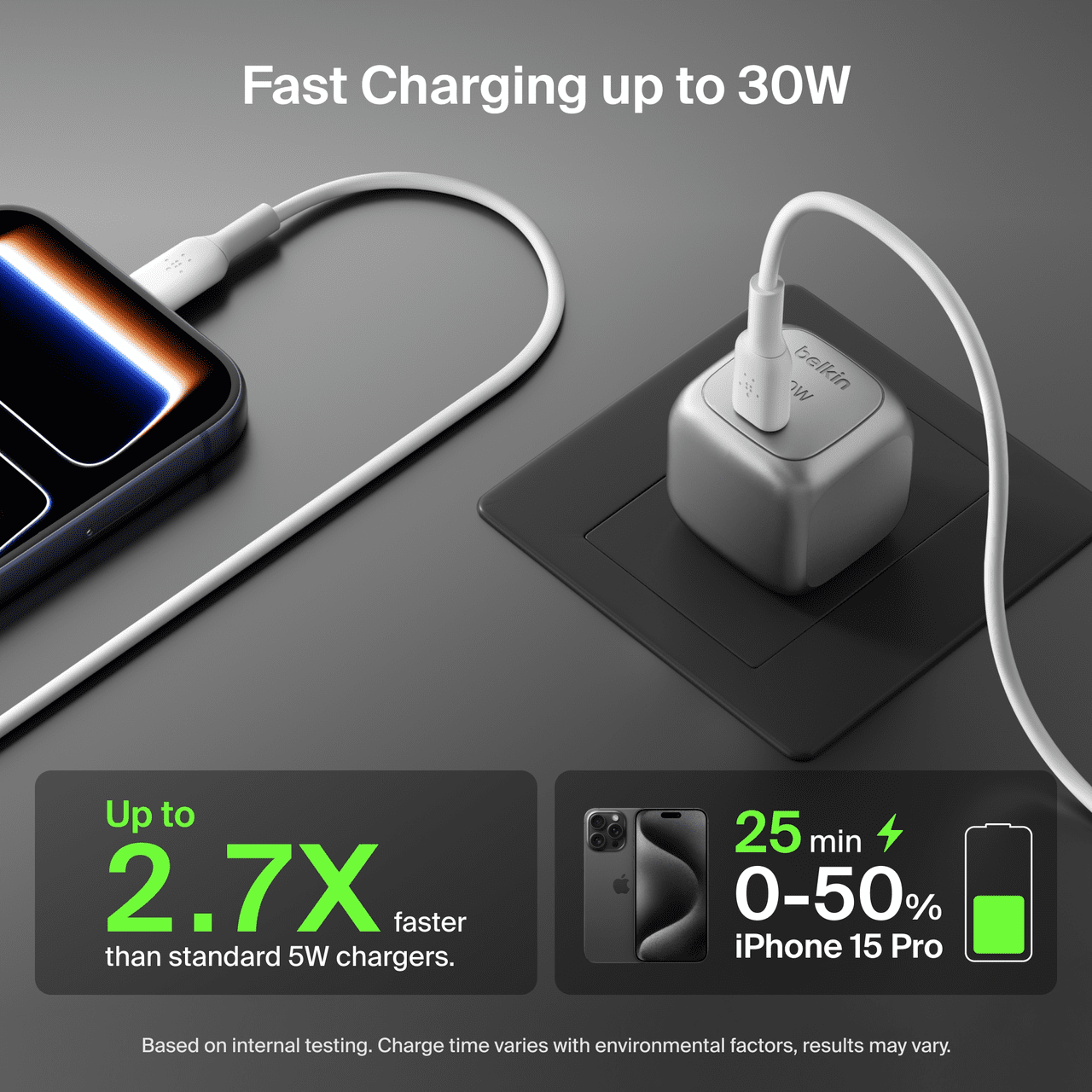 Belkin BoostCharge 30W Cubic Wall Charger, USB-C Power Delivery Fast Charging for Apple iPhone 16,15, 14 Series Models, Samsung Galaxy S24, iPad, AirPods , and More - Silver