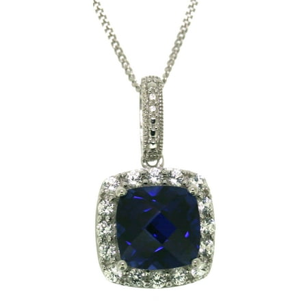 Sterling silver created sapphire with created white sapphire cushion pendant with chain