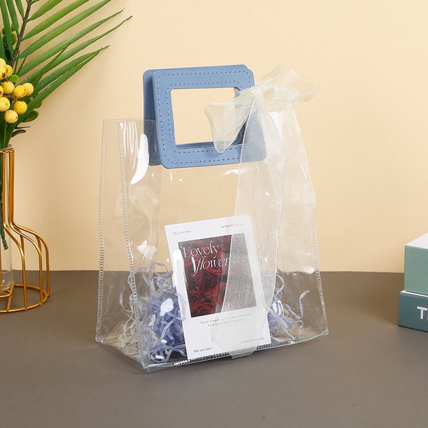 Xiao Hua Regalo, flores, bolsa de embalaje de caja de regalo, bolso de PVC transparente, bolsa de regalo para acompañantes de boda, bolsa de regalo para el 1 de junio (asa grande azul, mediana)