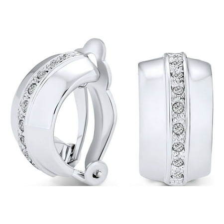 Bling Jewelry Womens Single Row Crystal Wide Half Hoop Clip On Earrings Non Pierced Ears Rhodium Plated