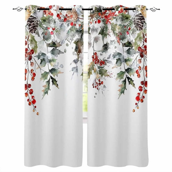 Christmas Blackout Curtains | Light Blocking Print Window Curtains, Xmas Tree Botanical Red Berry Pinecone Thermal Insulated Window Drapes for Living Room Kitchen Cafe (2 Panels, 104"W x 96"L)