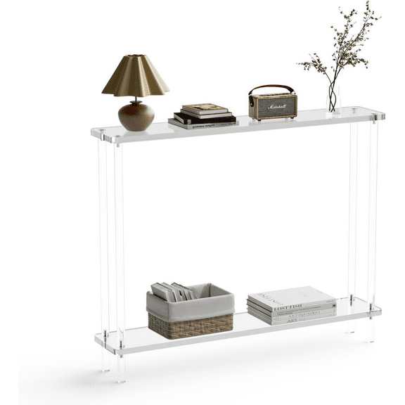 Acrylic Narrow Console Table for Entryway, 7.6" D x 39.4" W x 29.9" H, Square Legs, Skinny Entry Table for Sofa, Foyer, Hallway, Living Room, Modern, 2-Tier, Clear