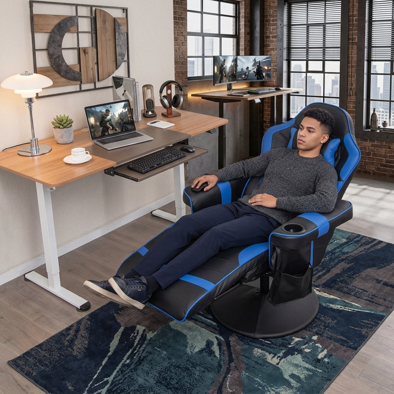Furnibear Massage Video Gaming Recliner with Reclining Backrest Retractable Footrest Adjustable Height and Side Pocket for Gaming and Office, Blue