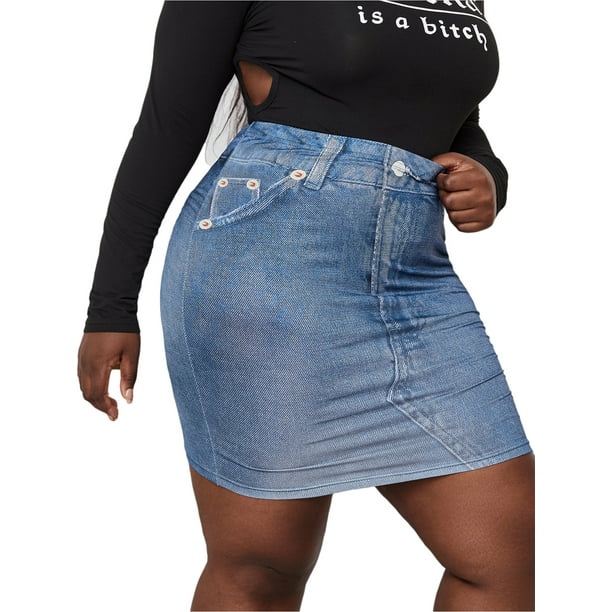 Sexy Dance Women Plus Size Printed Denim Skirt High Waist