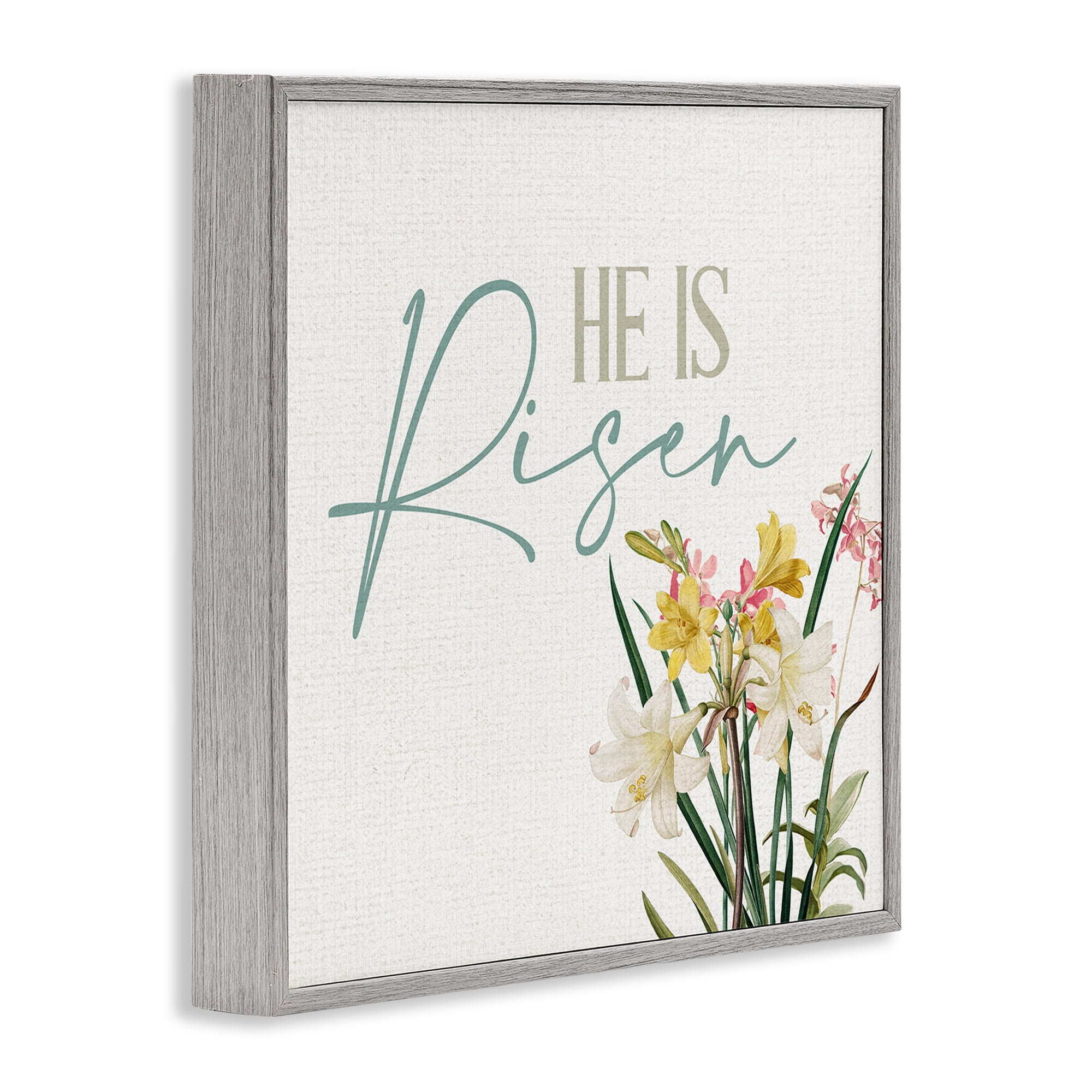 He Is Risen Religious Easter Holiday Flower Blossoms Gray Framed Giclee Art, 17 x 17, By Kim Allen