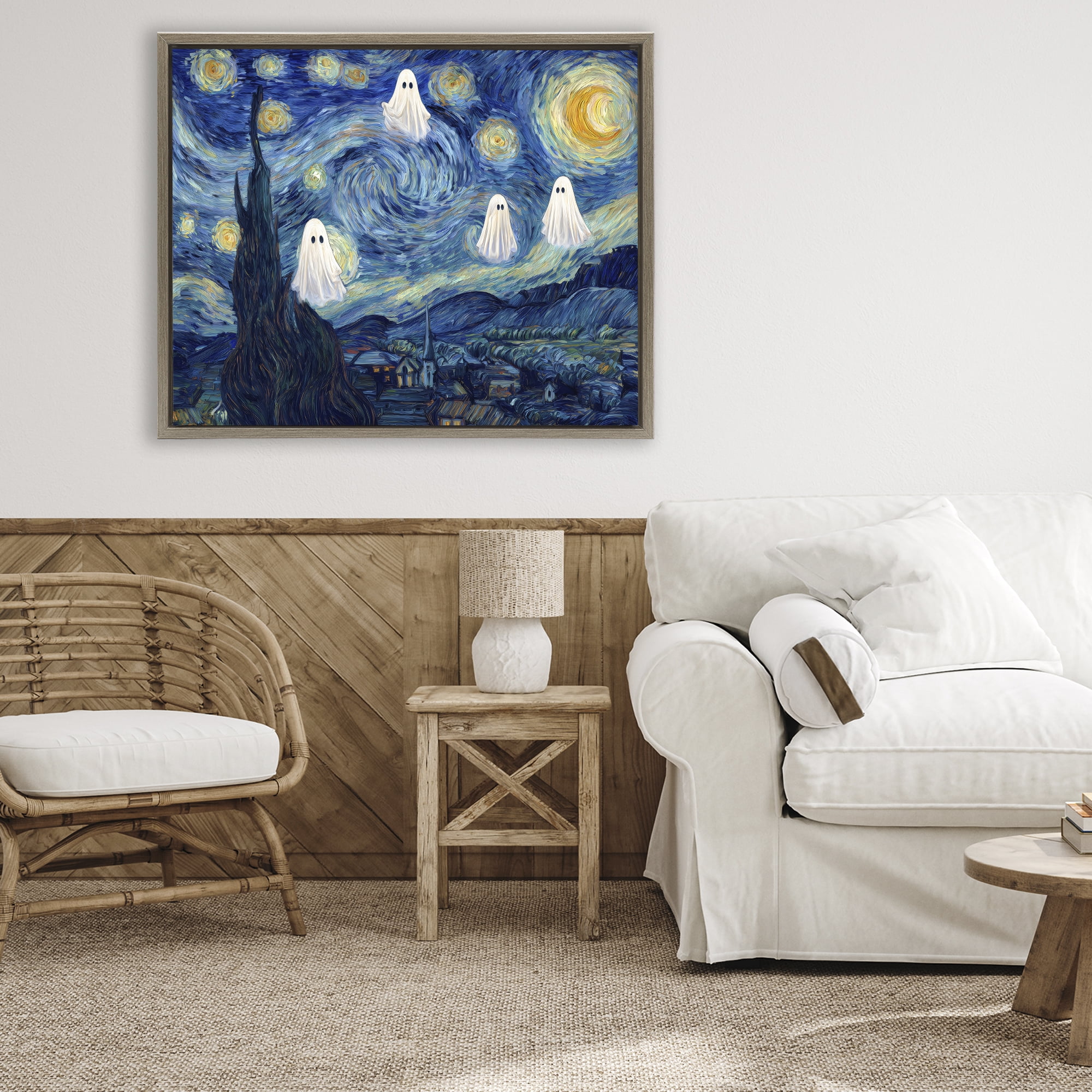 Classic Night Ghosties Brown Framed Floater Canvas Wall Art, design by Arlington Prints