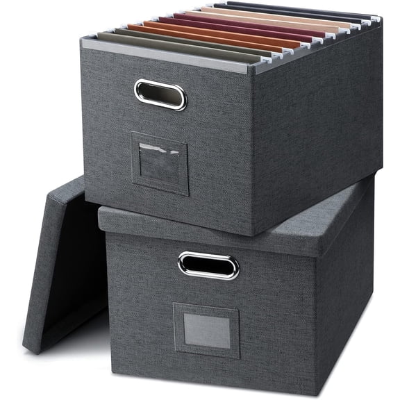 File Organizer, Collapsible Storage Filling Box with Lid for Letter Legal Size Hanging Folders Decorative Linen File Folder Box Document Storage Filing Bin, Dark Gray 2 Pack