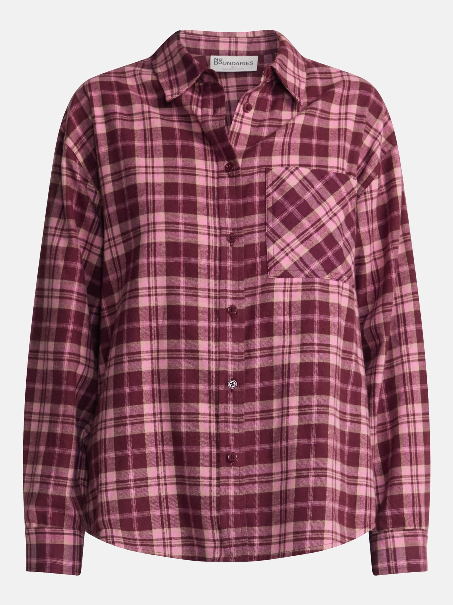 No Boundaries Plaid Flannel Shirt with Long Sleeves, Women's XXS-XXL