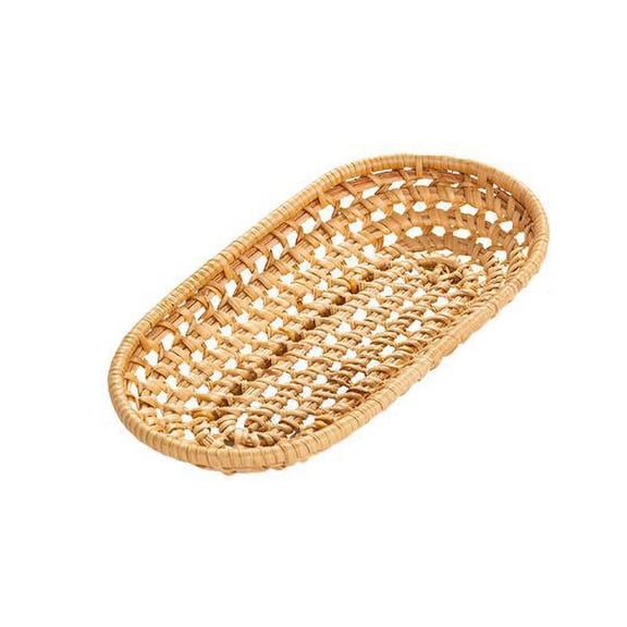 Oval Rattan Bread Baskets, Handmade Wicker Basket, Decorative Narrow Serving Basket Boho Bowl for Fruit, Food, Snack, Brown, S