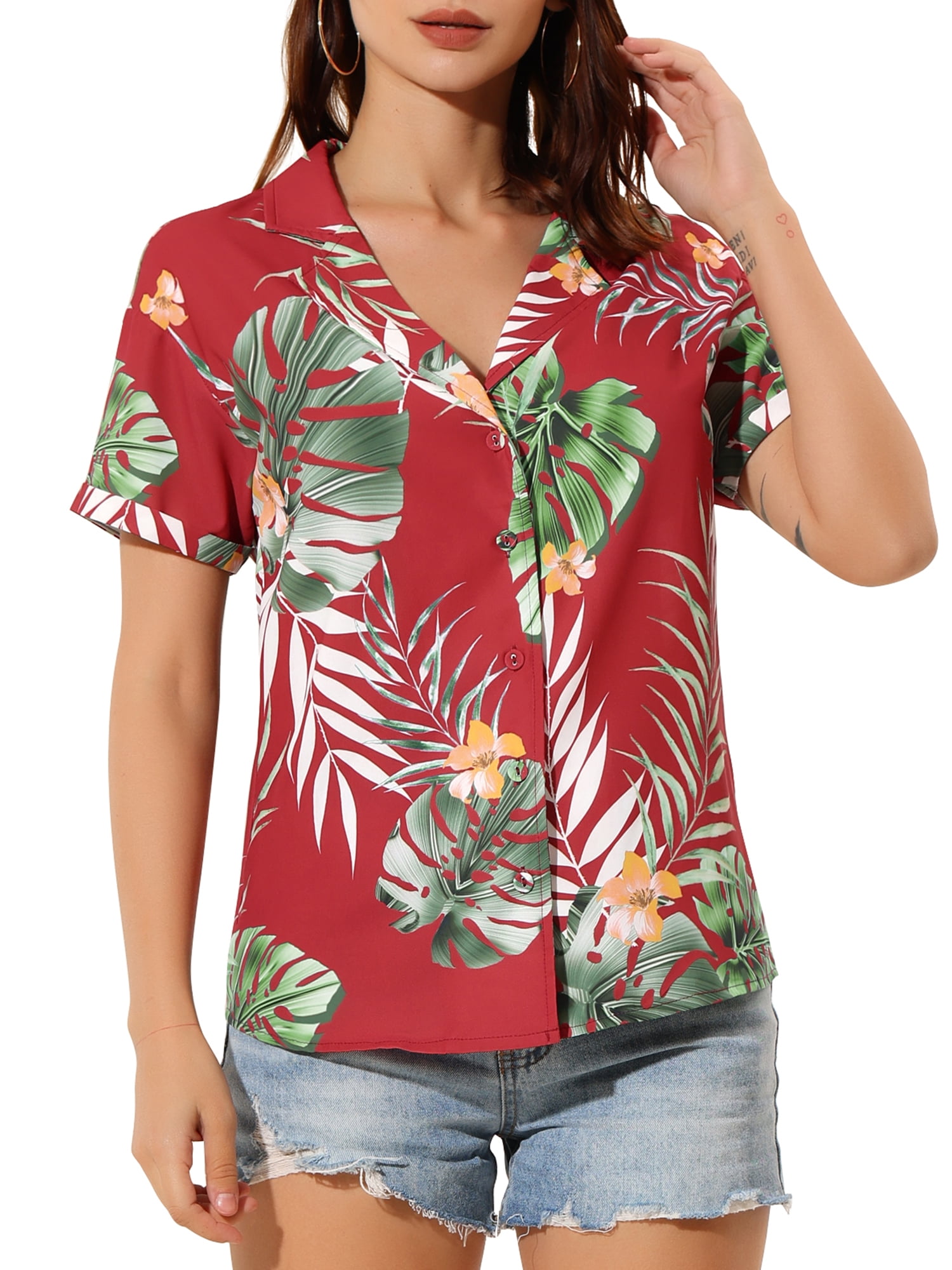 DARING DIVA Floral Leaves Print Short Sleeve Beach Top S Red