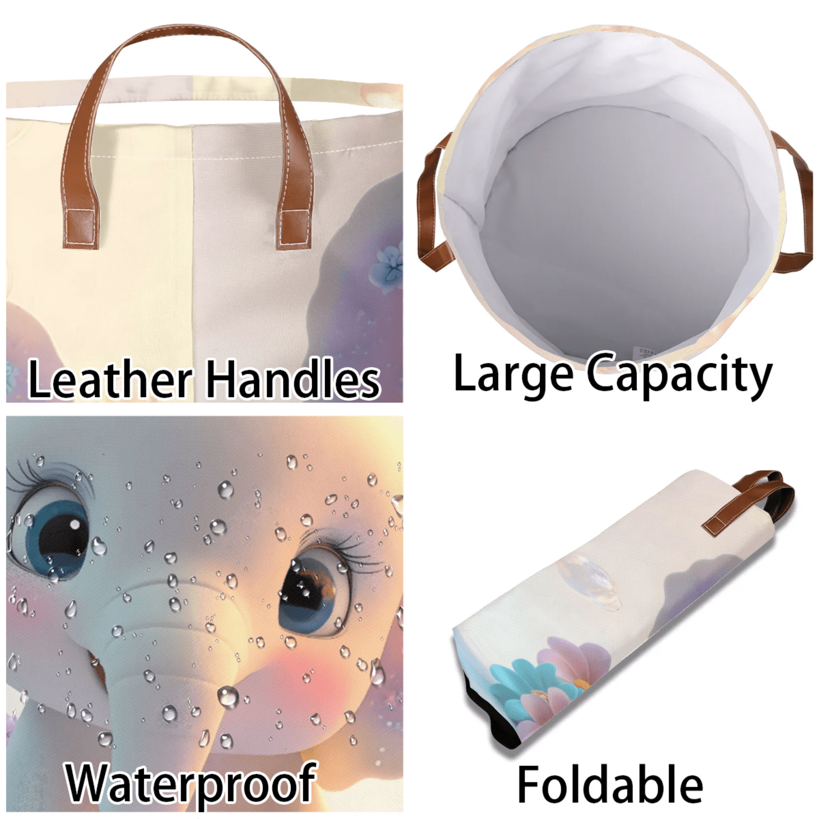 ADECORIVY Cute Baby Elephant Laundry Basket Flowers Waterproof Collapsible Hamper With Handles Oxford Cloth Dirty Clothes Tote for Bathroom, Bedroom, Living Room