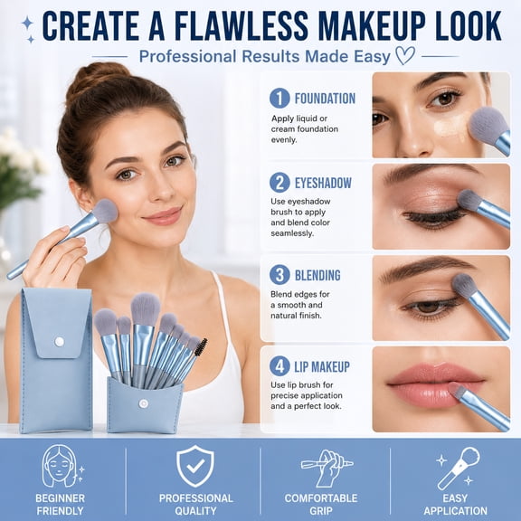9PCS Makeup Brush Set with Travel Case, 8-Piece Blue Face & Eye Makeup Brushes, Soft Synthetic Bristles Cosmetic Brush Kit for Foundation, Powder, Blending, Eyeshadow and Eyebrow