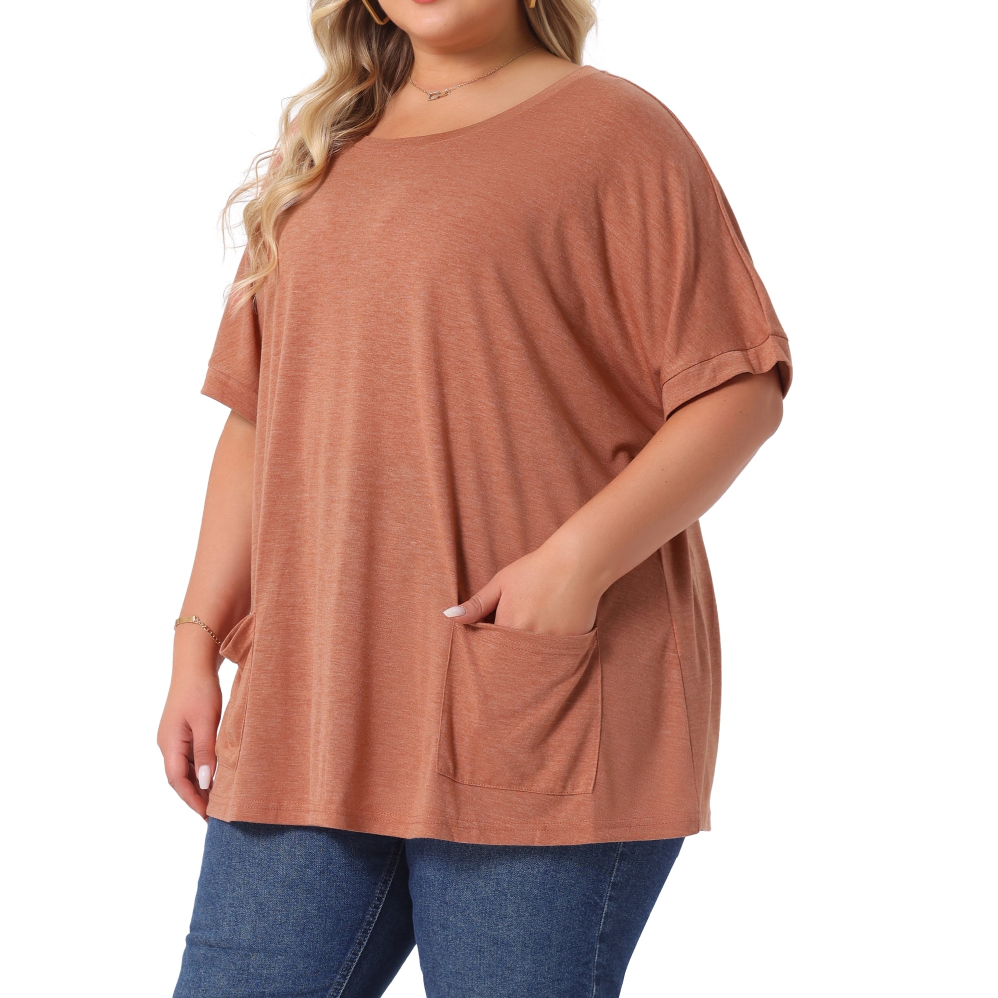 DARING DIVA Women's Plus Crew Neck Loose Fit T Shirt with Pocket Casual 2X Brick Red