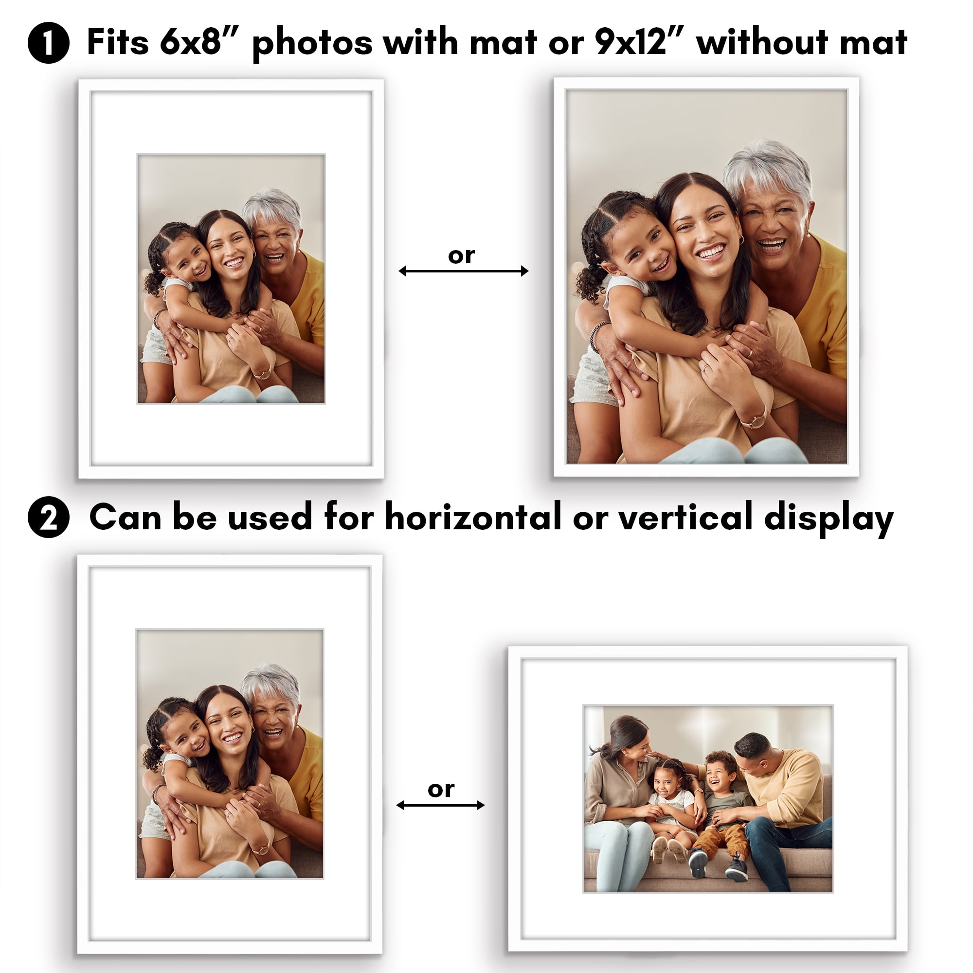 Americanflat 9x12 Picture Frame with Shatter-Resistant Glass with 6x8 Mat Display Photo Streamline - White