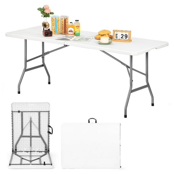 6ft Heavy Duty Folding Table, Fold in Half Plastic Table with Handle, Portable Indoor Outdoor Utility Table for Party, Picnic, Camping, BBQ & Kitchen