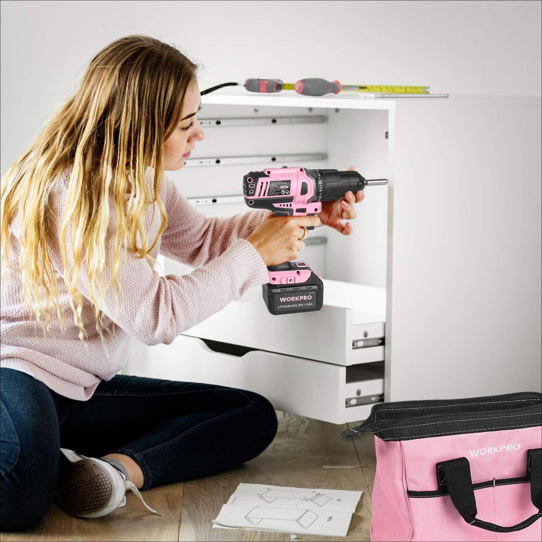 for sale online W004532A Workpro 20V Lithium-ion Pink Cordless Drill Driver Set 