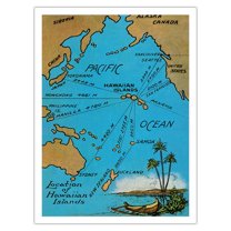 Location of the Hawaiian Islands Map - Island Curio Co. of Honolulu Postcard - Vintage Hawaiian Color Postcard c.1920s - Bamboo Fine Art 290gsm Paper (Unframed) 12x16in