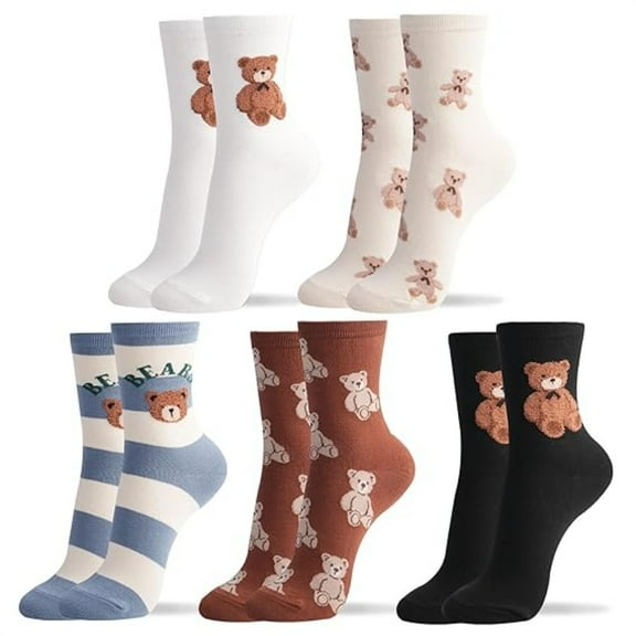 5-Pack Women‘s Cotton Crew Socks - Cute Smiley Face & Bow Design, Assorted Fun Patterns - Breathable Everyday Socks for Women