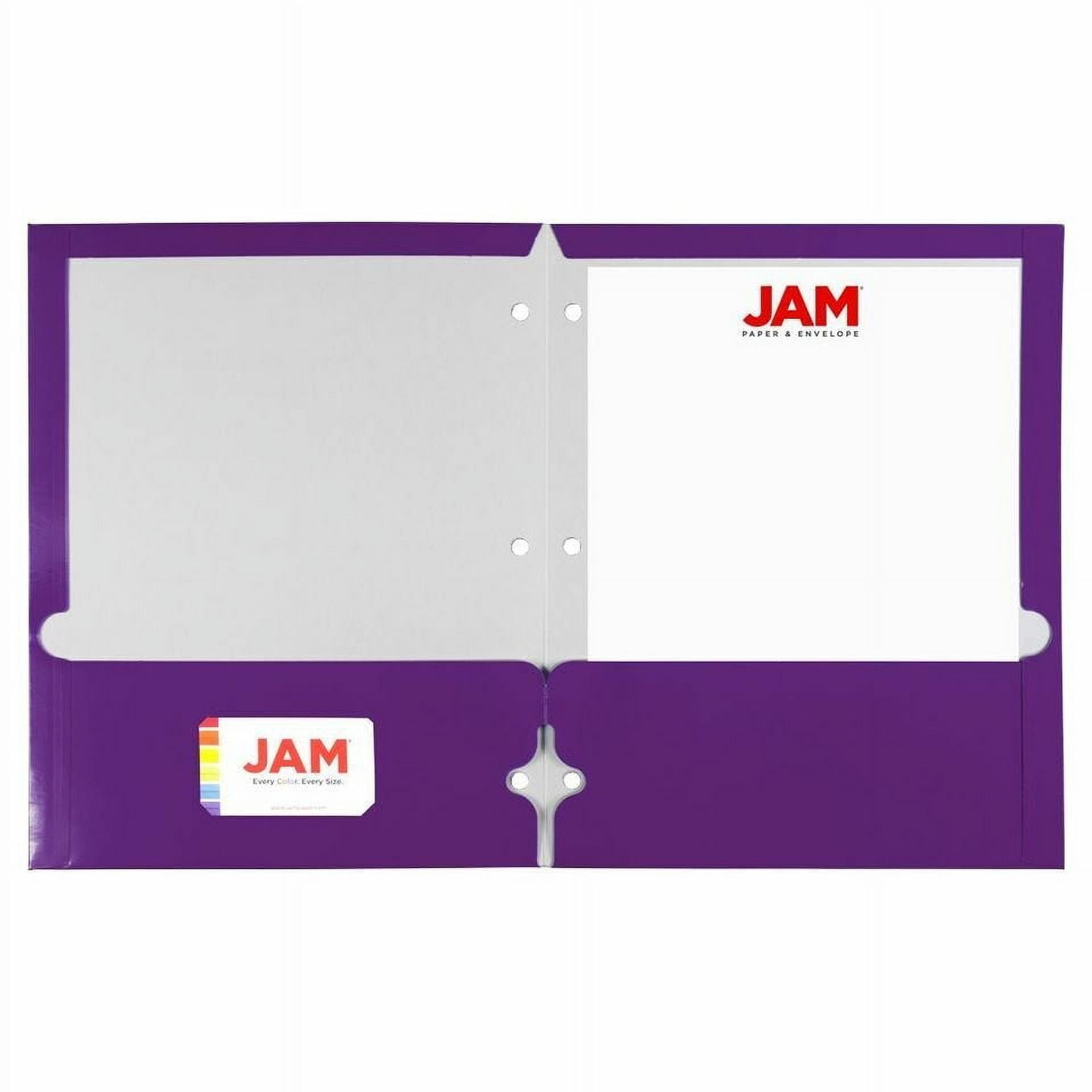 JAM Paper Laminated Two Pocket Glossy 3 Hole Punch School Folders, Purple, 3/Pack