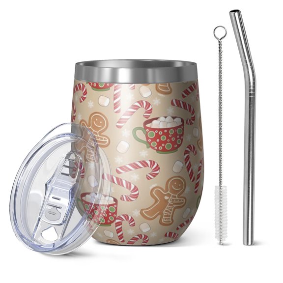 12oz Stemless Wine Tumblers Beige Christmas Gingerbread Man Pattern Vacuum Insulated Stainless Steel Travel Tumbler Cups Mug with Lid and Straw for Champaign,Cocktail,Beer with Cleaning Brush