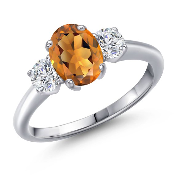 Gem Stone King 1.64 Ct Orange Red Madeira Citrine G/H Lab Grown Diamond 925 Sterling Silver Ring