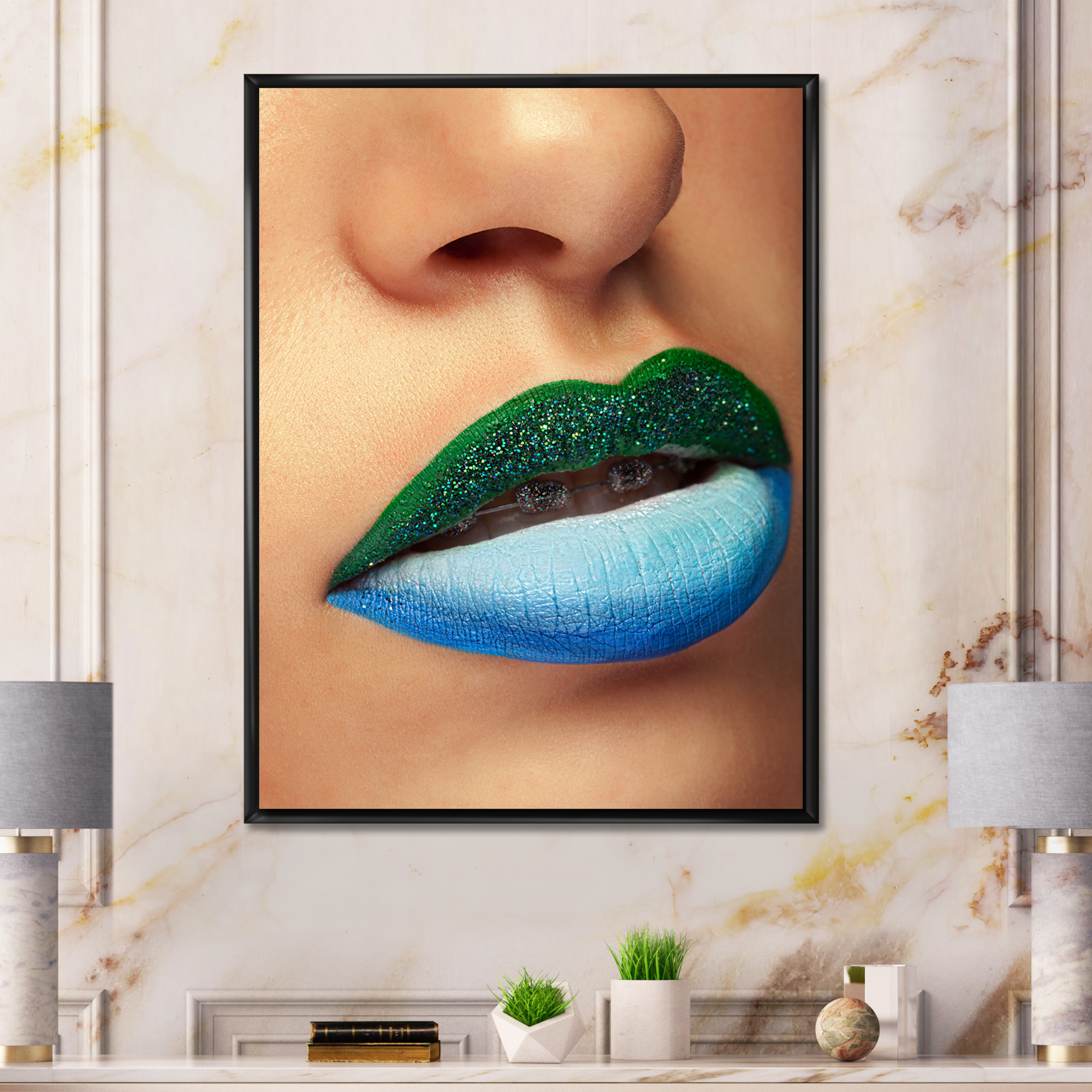 Close Up Woman Lips With Fashion Make Up and Brackets 12 in x 20 in Framed Photography Canvas Art Print, by Designart