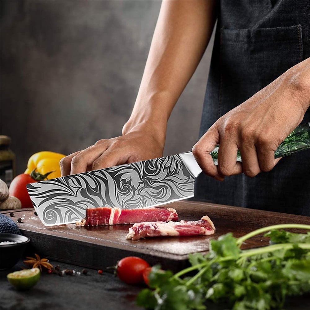 Myvit Damascus Steel Kitchen Knife 3-7Piece Set Japanese Santoku Knife Professional Chef Knife with Easy-Grip Resin Handle