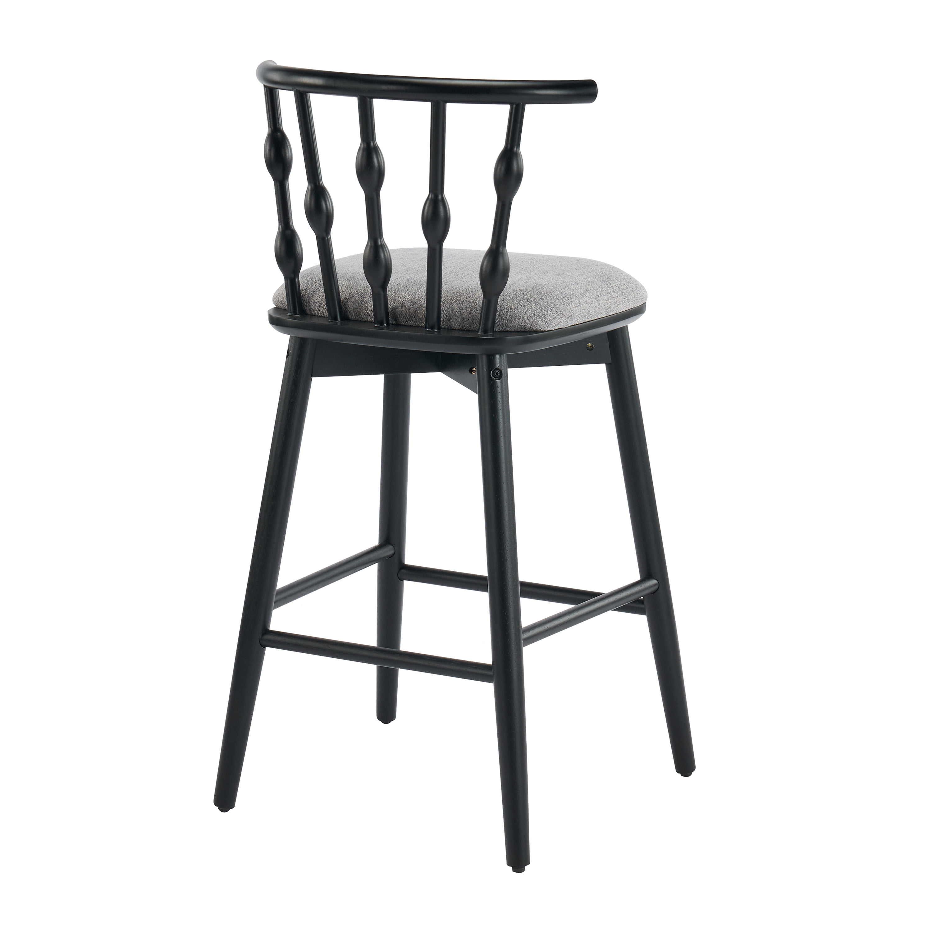 Indoor Barstool Set of 2, Black Rubberwood Frame with Grey Fabric Upholstery for Kitchen Counter Home Bar