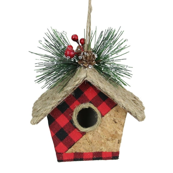 5.75" Red and Black Buffalo Plaid Hanging Bird Tree Christmas Ornament