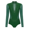thumbnail image 3 of YiZYiF Womens Figure Skating Gymnastics Leotard Glittery Rhinestone Long Sleeve Dance Costume Green L, 3 of 5
