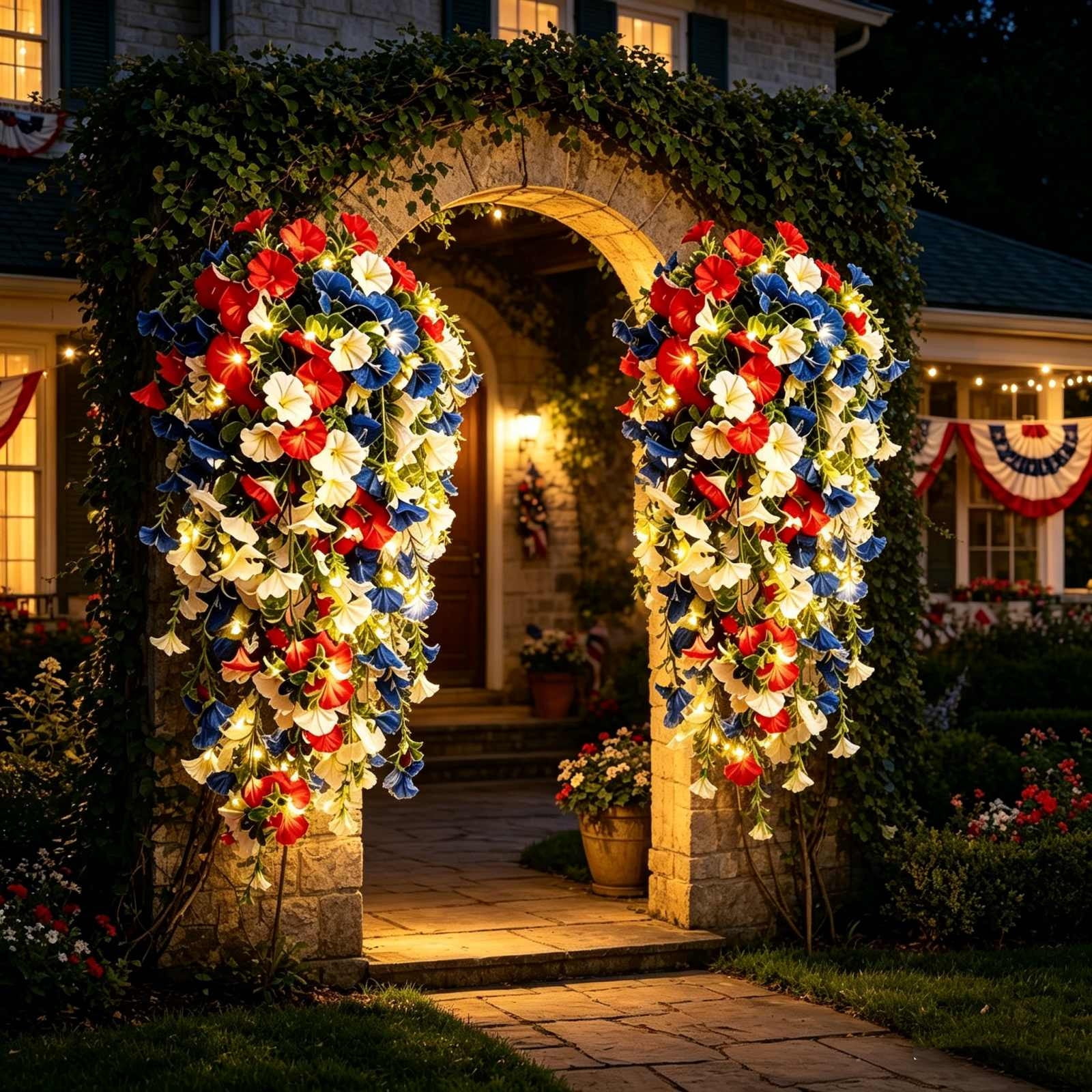 Red Blue White Flowers, Patriotic Artificial Hanging Plants, 4th of July 250th Anniversary Porch Decor Independence Day Floral Arrangement for Memorial Day Home Outdoor