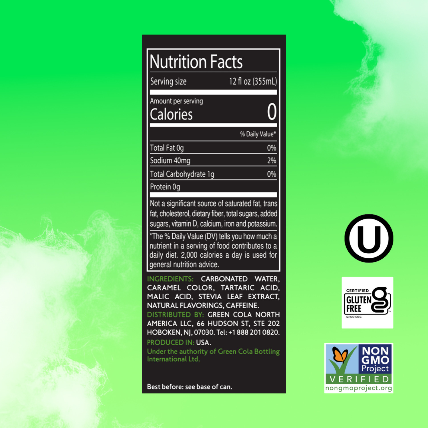 Green Cola Zero Calories Carbonated Soda, Cola Taste, 12 fl oz, 8