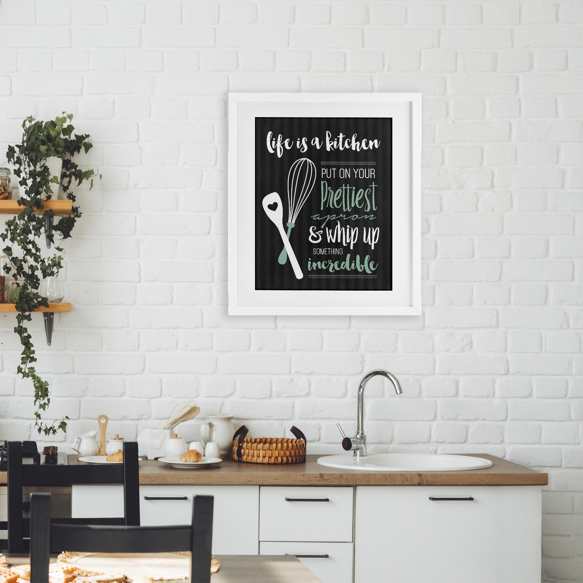 Life Is A Kitchen Motivational White Framed Print Under Glass, design by Lettered and Lined